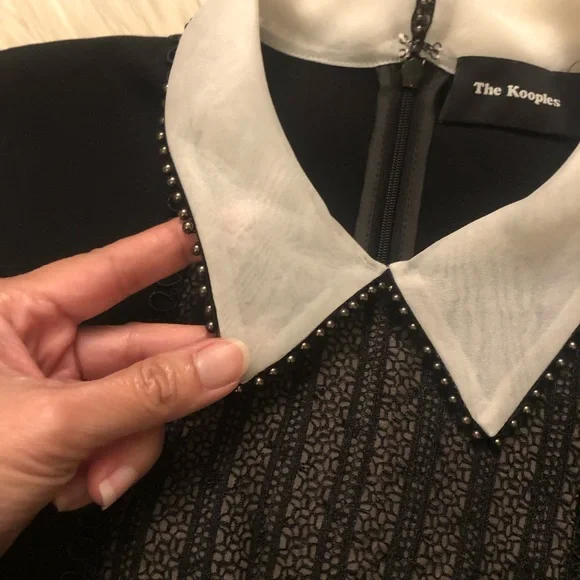 The Kooples Contrast-Collar Beaded Lace-Inset Black Women Mini Dress, size M - Picture 5 of 11